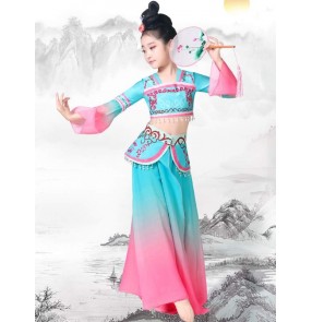 Children Girls blue pink gradient chinese folk Classical Dance costumes fairy hanfu princess Dunhuang danhce Clothing Fan Umbrella Dance Flowing wear for kids